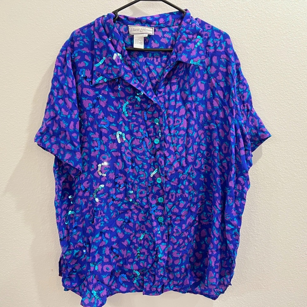Vintage Diane Gilman 2X Silk Animal Print Sequin Button Up Top Blue Purple 90s